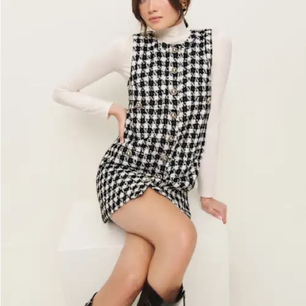 Chic Black and White Houndstooth Dress - Tropez by Reformation